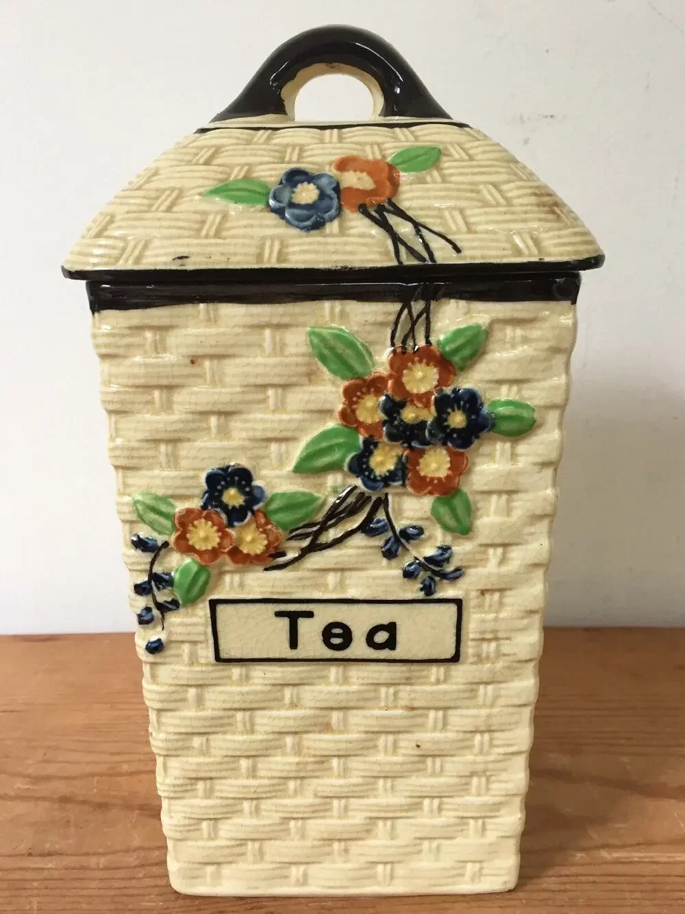Vtg Hotta Yu Shoten Japan Japanese Basketweave Majolica Kitchen Canister Tea Jar